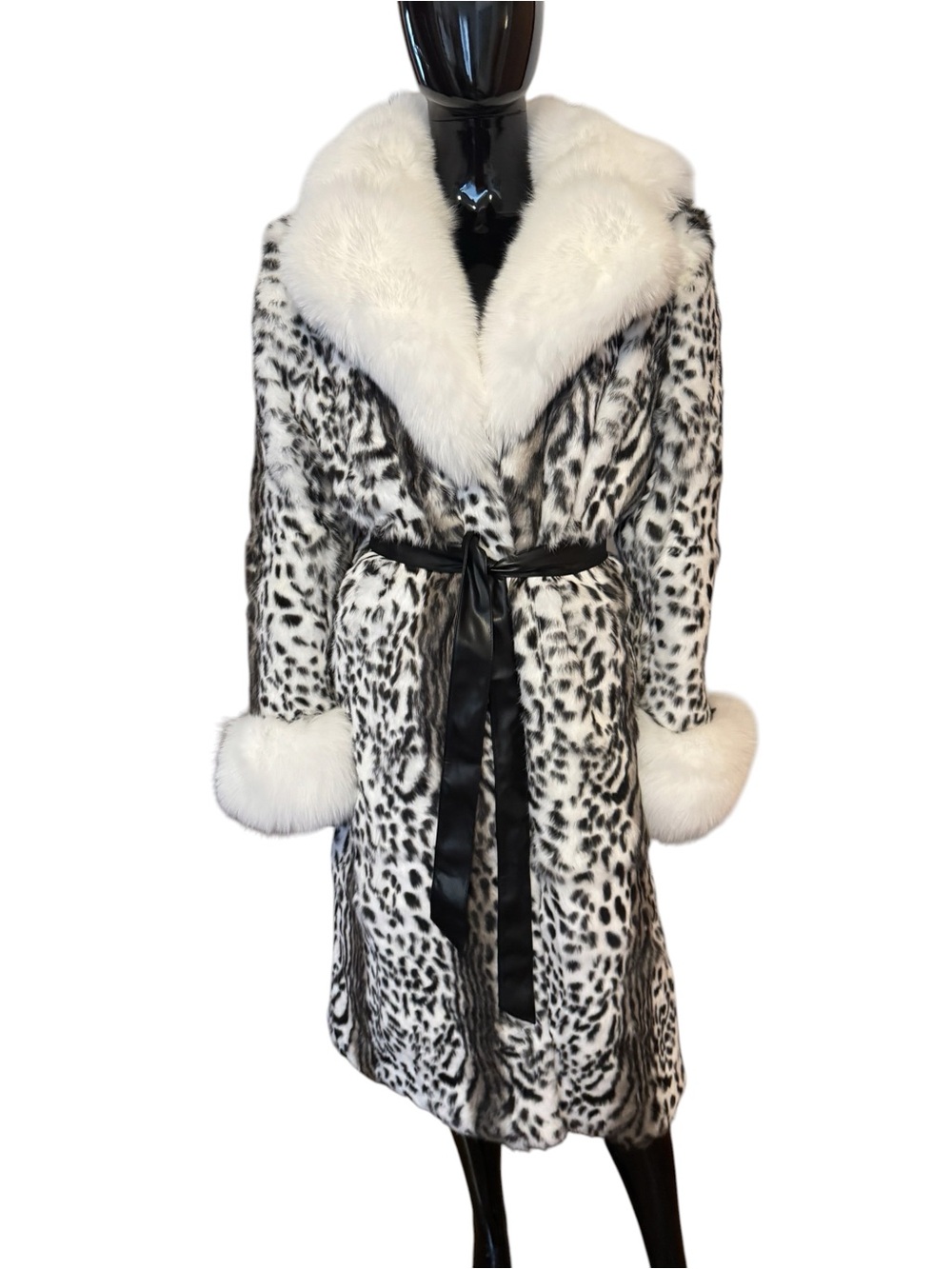 Luxury White & Black Leopard Print rabbit Fur Coat with White fox Collar